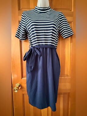 001- Navy Striped Tie-Waist Women's Dress